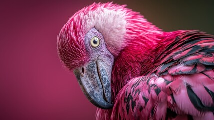 Sticker -  A tight shot of a pink-black bird with a black-white stripe adorning its head and neck