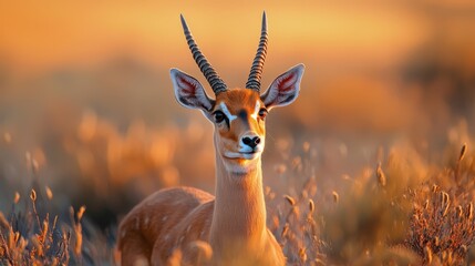 Wall Mural -  A gazelle with no horns grazes in a field of tall grass, sun illuminating its face