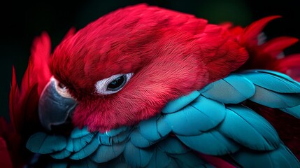  A tight shot of a red and blue bird, its back adorned with feathers, against a black backdrop