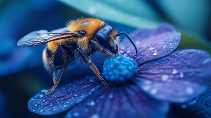 Sticker -  A bee up close on a flower, wings dotted with water drops, background softly blurred