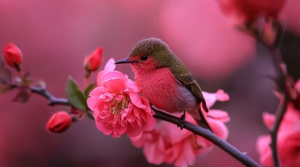 Sticker -  A small bird perched on a tree branch, surrounded by pink blooms Background softly blurred in pink hues