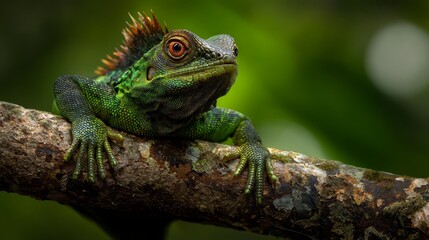 Sticker -  A tight shot of a green lizard perched on a branch against a backdrop of trees and bushes, the image softly renders these elements behind