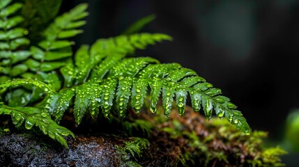 Canvas Print -  A tight shot of a verdant plant, adorned with water droplets on its leaves, and a moss-covered surface beneath