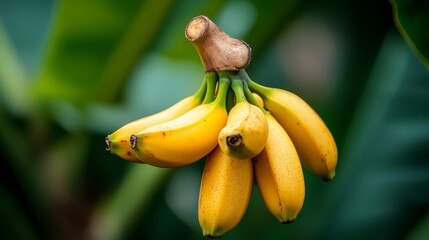 Canvas Print -  A tree laden with ripe bananas, their yellow hues contrasting against green foliage A wooden protrusion emerges from the branch's top