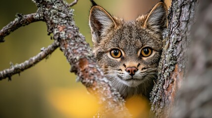 Canvas Print -  A tight shot of a tiny kitten hiding behind a moss-covered tree trunk's branches