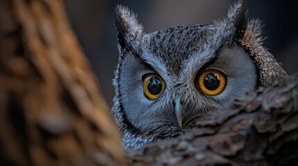 Canvas Print -  A tight shot of an owl's expressive face, with a tree branch nestled in the foreground, and a softly blurred background