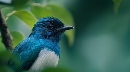 Poster -  A tight shot of a blue-and-white bird perched on a tree branch, surrounded by leafy foreground Background softly blurred