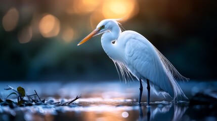 Sticker -  A white bird atop a water body, adjacent to grass and trees laden with numerous leaves