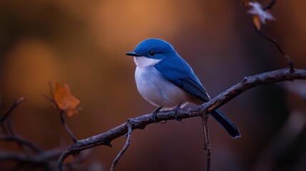 Sticker -  A blue and white bird perches on a tree branch, surrounded by leafy foreground Background softly blurs