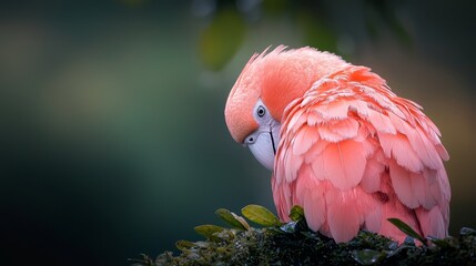 Poster -  A pink bird perched on a branch, foreground features a green plant Background softly blurred