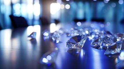 A group of sparkling diamonds scattered across a reflective surface in a modern indoor setting. The shimmering stones are bathed in cool lighting, with reflections adding depth and elegance to the