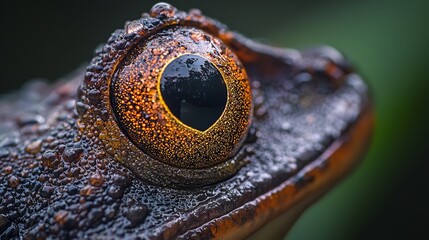 Poster -  A tight shot of a frog's bulbous eye dotted with water droplets exterior