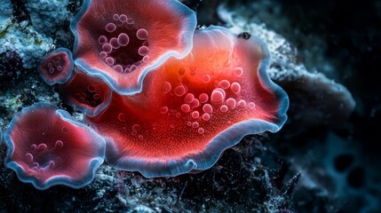  Close-up of a red and white sea anemone against a black and blue background with floating water bubbles