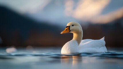 Sticker -  A tight shot of a duck above mirror-like water Behind, towering mountains loom