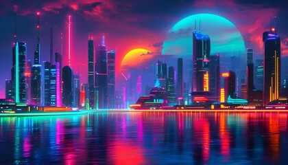 Poster - Vibrant Neon-Lit Futuristic Cityscape at Night