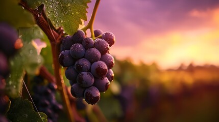 Poster -  A tight shot of clusters of grapes on a vine against a backdrop of a sunset in the distance