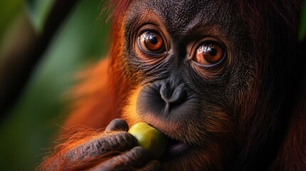  A tight shot of a monkey with a juicy fruit piece in its mouth, gazing directly into the camera