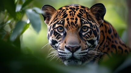 Wall Mural -  A tight shot of a tiger's face peeking through tree leafages in a zoo enclosure