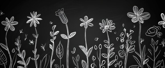 Whimsical spring doodles on chalkboard for creative backgrounds