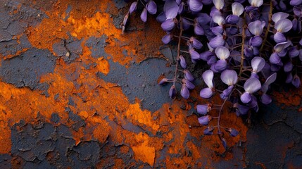 Poster -  Purple flowers atop rusted metal, adjacent to a weathered wall