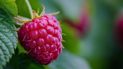 Canvas Print -  A tight shot of a ripe raspberry, hanging from its branch, surrounded by verdant leaves, and adorned with pearls of water