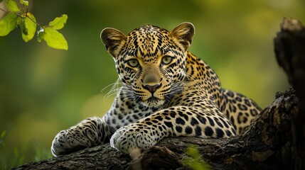 Sticker -  A tight shot of a leopard atop a tree branch against a softly blurred backdrop of green foliage