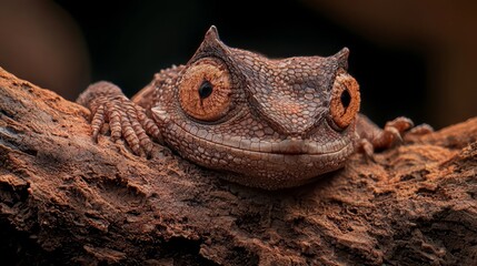 Canvas Print -  A lizard's focused face up close on a tree branch Dirt below Background softly blurred