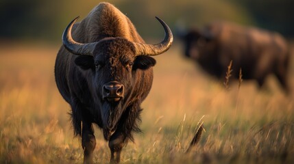 Sticker -  A tight shot of a bull in a lush grass field, gazing at the camera, surrounded by another bull in the backdrop