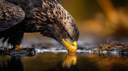 Poster -  A tight shot of a raptor sipping water from a mud puddle, beak submerged