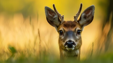 Sticker -  A deer's face in tight focus, surrounded by grass in the foreground; a yellow sky looms behind