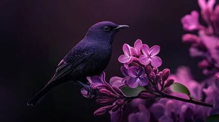 Poster -  A black bird perches on a branch against a backdrop of dark shadows, with vibrant purple flowers in the foreground