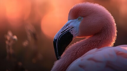 Poster -  A tight shot of a pink flamingo against a softly blurred backdrop, incorporating a hazy sky