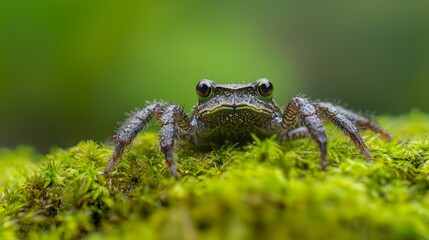 Wall Mural -  A tight shot of a tiny crab on mossy terrain, surrounded by a hazy backdrop of trees and grass