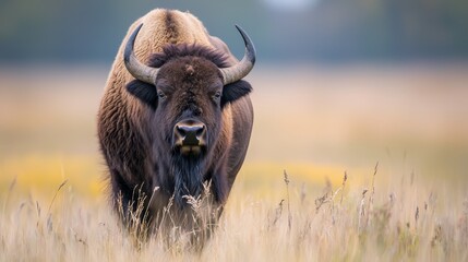 Sticker -  A bison gazes at the camera with a serious expression amidst tall grass