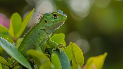 Canvas Print -  A green lizard atop a verdant tree amidst a lush green canopy filled with numerous leaves