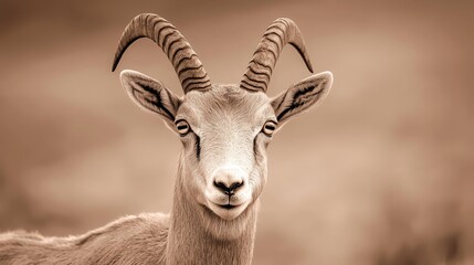 Canvas Print -  A tight shot of a goat's head with prolonged horns against a reddish-brown sky