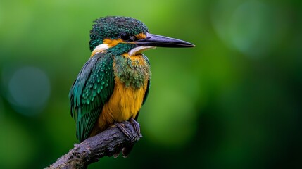 Sticker -  A vibrant bird perches on a tree branch against a backdrop of a forest with emerald leaves, the scenery gradually softening into a blur