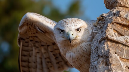 Canvas Print -  A tight shot of a bird of prey with spread wings and widened eyes