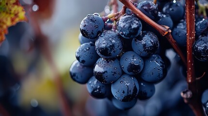 Sticker -  A tight shot of grapes bunches on a vine, adorned with dewdrops on their leafy surfaces