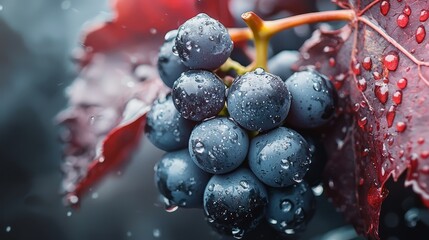 Poster -  A tight shot of clusters of grapes on a vine, adorned with water droplets on the foliage and terrain