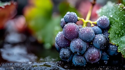 Sticker -  A tight shot of ripe grapes with water droplets glistening on them, surrounded by a lush green leaf in the backdrop