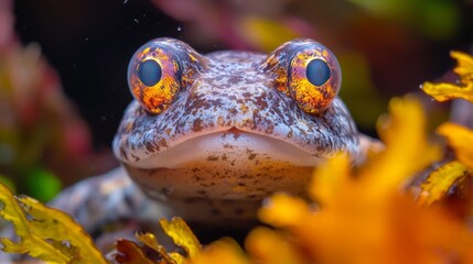 Poster -  A tight shot of a frog's face, yellow flowers near, black backdrop