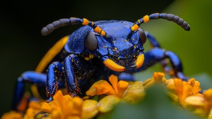 Poster -  A tight shot of a blue-yellow insect on a flower, foregrounded by yellow and orange blooms