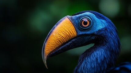 Sticker -  A tight shot of a blue-and-yellow bird against an orthodox black backdrop, its beak a vivid orange hue, trees in the distance