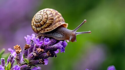 Sticker -  A tight shot of a snail atop a purple blossom against a hazy backdrop of intermingled green and purple blooms