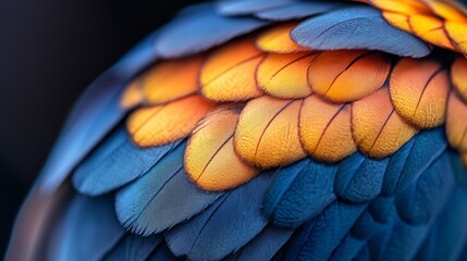 Canvas Print -  A tight shot of a blue-and-yellow bird's wing, showcasing orange and yellow feathers on its back