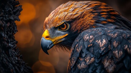 Canvas Print -  A tight shot of a bird of prey perched on a tree branch against a background of softly blurred lights