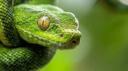 Wall Mural -  A tight shot of a green snake's head perched on a branch, surrounded by indistinct leaves in the backdrop