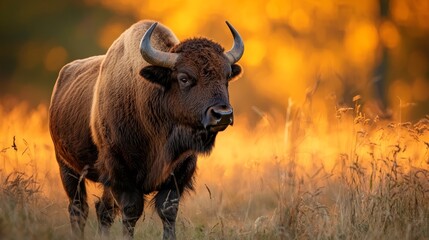 Wall Mural -  A tight shot of a bison grazing in a sea of tall grass Behind it, trees line the horizon against a sun-kissed, yellow sky