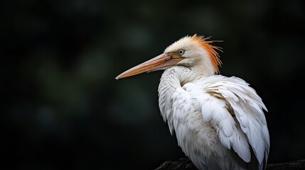 Poster -  A tight shot of a white bird with a crimson head and an elongated beak perched on a tree limb Surrounding scenery includes greenery of trees